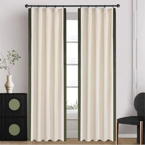 Color Block Velvet Curtains for Bedroom, Patchwork Curtains 52 x 84 inch Length - Room Darkening Sun Light Blocking Window Drapes for Living Room, 2 Panels, Green and Ivory