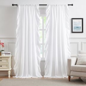 White Ruffle Curtains 90 Inches Long for Bedroom Living Room Romantic Soft Touch Fabric Rod Pocket Light Filtering Semi Sheer Curtains for Girls Room Window Privacy Decor, 2 Panels Set, 52x90