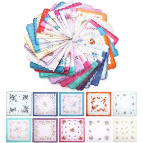 30 Pieces Women's Handkerchiefs, Vintage Hankies for Woman, Floral Soft Cotton Pocket Hanky Towel for Gift, Wedding, Anniversary, Father's Day, Thanksgiving Day, Assorted Colors