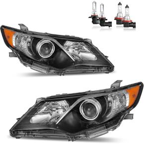 Headlights Assembly for 2012 2013 2014 Toyota Camry Headlamp Replacement Chrome Housing Amber Reflector Driver & Passenger Side