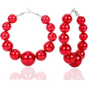 Large Imitition Pearl Circle Hoop Earrings Colorful Beaded Dangle Drop Earrings for Women Wedding Christmas Statement 60'S 70's Party Retro Jewelry