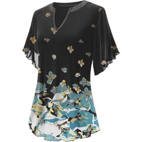 LUYAA Womens Ruffle Sleeve V Neck Tops Floral Loose Fit Blouses Tunic Short Sleeve Flowy Shirts Dressy
