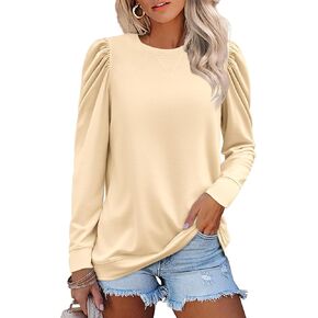 Zeagoo Womens Tops Puff Long Sleeve Shirts 2024 Fall Winter Casual Crew Neck Pullover Blouse Lightweight Soft Tunics, Beige, XX-Large