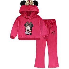 Disney Minnie Mouse Girls 2 Piece Velour Hoodie with Ears and Pants Set for Toddlers and Big Kids