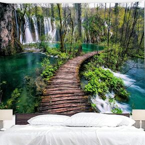Showutheworld Green Nature Landscape Tapestry Rainforest Tapestry Waterfall Tapestries River Wooden Bridge Wall Hanging Tapestry For Living Room Bedroom Dorm Home Decor (H67.4“ X W110", Color #13)