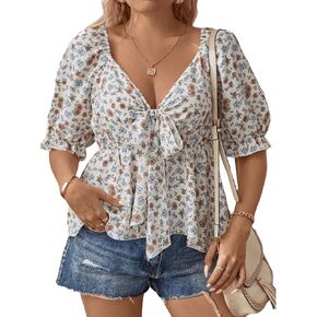 SOLY HUX Women's Plus Size Ditsy Floral Print Blouse Tie Front V Neck Short Sleeve Ruffle Hem Peplum Tops