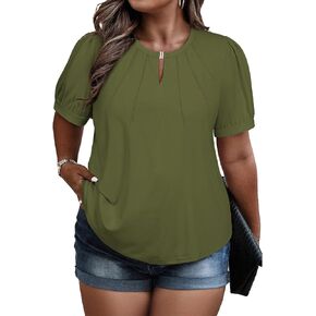 Eytino Women Plus Size Summer Tops Crewneck Puff Sleeve Pleated Keyhole Casual Loose Tee T-Shirts(1X-5X)