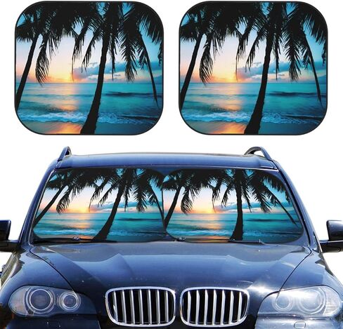 KiuLoam 2 Piece Car Windshield Sun Shade, Beautiful Palm Tree Beach Print Sunshades Sun Visor Protector Blocks UV Rays Foldable Keep Your Vehicle Cool for Most Sedans SUV Truck, Medium in Saudi Arabia