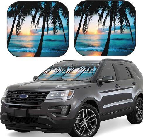 KiuLoam 2 Piece Car Windshield Sun Shade, Beautiful Palm Tree Beach Print Sunshades Sun Visor Protector Blocks UV Rays Foldable Keep Your Vehicle Cool for Most Sedans SUV Truck, Medium in Saudi Arabia