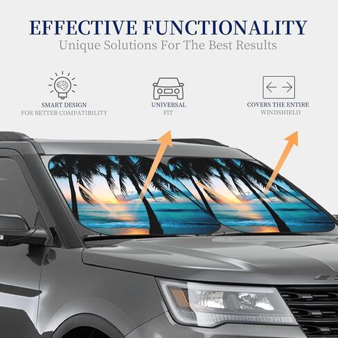 KiuLoam 2 Piece Car Windshield Sun Shade, Beautiful Palm Tree Beach Print Sunshades Sun Visor Protector Blocks UV Rays Foldable Keep Your Vehicle Cool for Most Sedans SUV Truck, Medium in Saudi Arabia