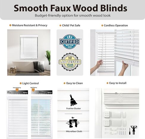 DEZ FURNISHINGS ستارة لاسلكية من الخشب الصناعي مقاس 2 بوصة، عرض 23.25 بوصة × ارتفاع 72 بوصة، أبيض أملس in Kuwait