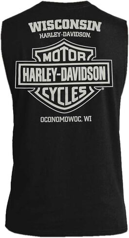 تيشيرت Harley-Davidson رجالي من القطن بدون أكمام بشريط مثبت ودرع، باللون الأسود in Kuwait