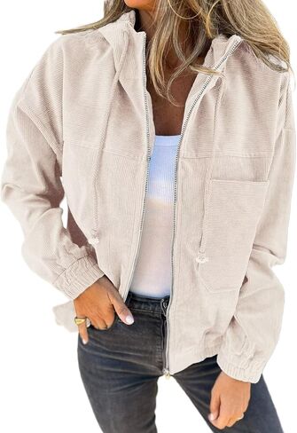 VICHYIE Corduroy Drawstring Hooded Pocket Zip Up Jacket Loose Shacket Coat in Saudi Arabia