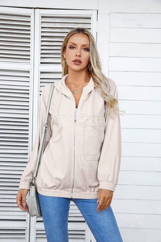 VICHYIE Corduroy Drawstring Hooded Pocket Zip Up Jacket Loose Shacket Coat in Saudi Arabia