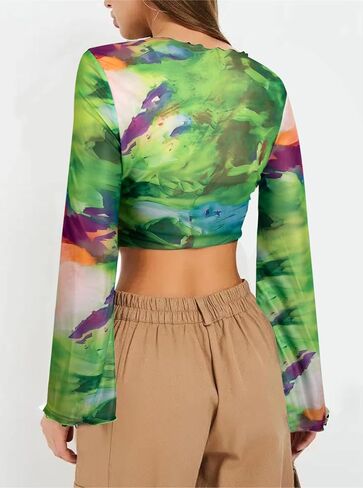 Remidoo Womens Bell Sleeve Mock Neck Mesh Top Floral Print Lettuce Trim T Shirt in Saudi Arabia