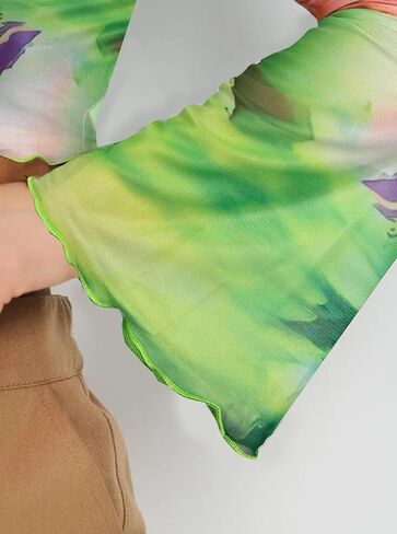 Remidoo Womens Bell Sleeve Mock Neck Mesh Top Floral Print Lettuce Trim T Shirt in Saudi Arabia