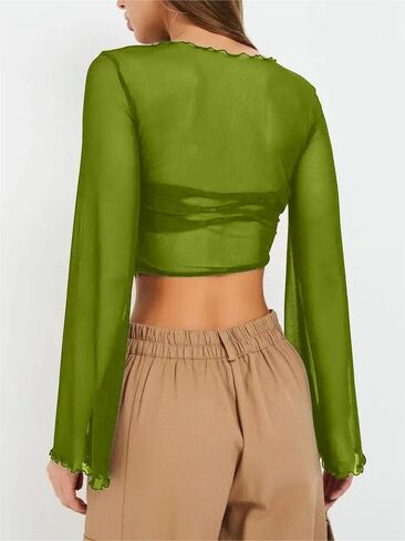Remidoo Womens Bell Sleeve Mock Neck Mesh Top Floral Print Lettuce Trim T Shirt in Saudi Arabia