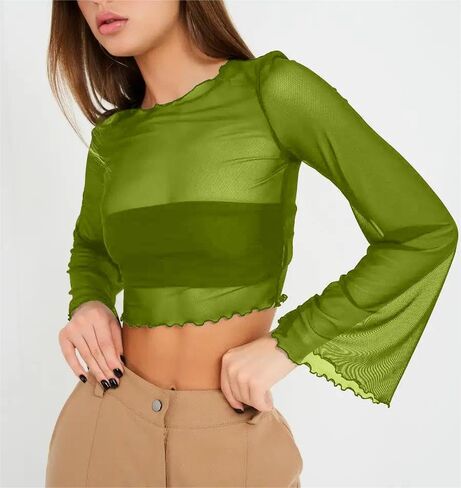 Remidoo Womens Bell Sleeve Mock Neck Mesh Top Floral Print Lettuce Trim T Shirt in Saudi Arabia