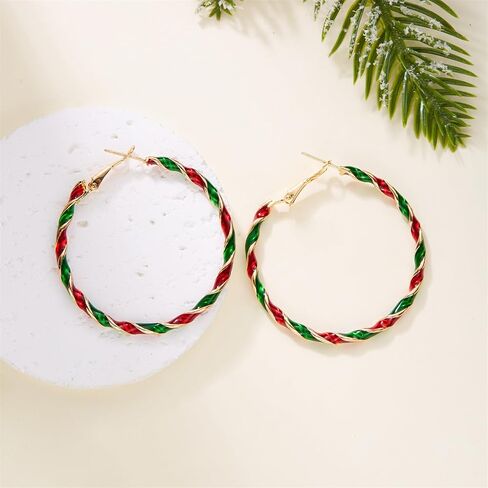 Dreuyet Candy Christmas Hoop Earrings for Women Personalized Red Green Stripe Twist Oval Huggie Earrings Colorful Christmas Festival Ornament Statement Earrings in Saudi Arabia