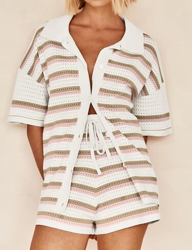 Flygo Striped Crochet Pajama Sets for Women 2 Piece Lounge Sets Short Sleeve Knit Button Tops Drawstring Shorts Outfits in Kuwait