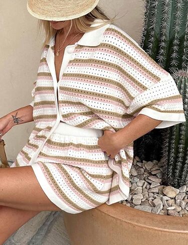 Flygo Striped Crochet Pajama Sets for Women 2 Piece Lounge Sets Short Sleeve Knit Button Tops Drawstring Shorts Outfits in Kuwait