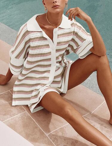 Flygo Striped Crochet Pajama Sets for Women 2 Piece Lounge Sets Short Sleeve Knit Button Tops Drawstring Shorts Outfits in Kuwait