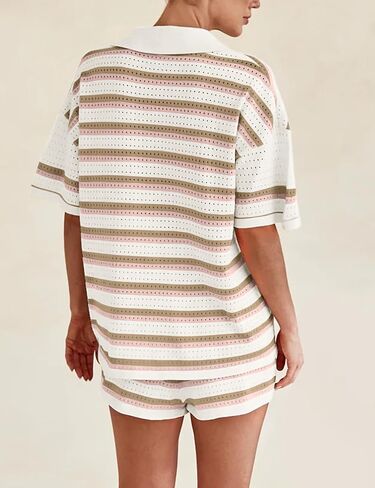Flygo Striped Crochet Pajama Sets for Women 2 Piece Lounge Sets Short Sleeve Knit Button Tops Drawstring Shorts Outfits in Kuwait