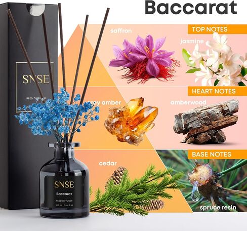 مجموعة SNSE Baccarat with Flowers Reed Diffuser | موزع زيت عطري بوزن 3.38 أونصة لغرفة النوم والحمام وديكور المنزل والهدايا، معطرات هواء مزخرفة بالعصي in Saudi Arabia