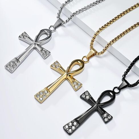 Ankh Necklace for Men Women, Stainless Steel Egyptian Mens Chain Necklaces Pendant Silver Gold Black Plated Mens Jewelry Gift in Saudi Arabia