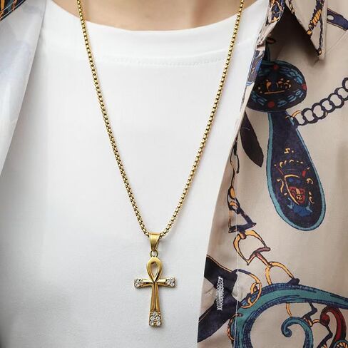 Ankh Necklace for Men Women, Stainless Steel Egyptian Mens Chain Necklaces Pendant Silver Gold Black Plated Mens Jewelry Gift in Saudi Arabia