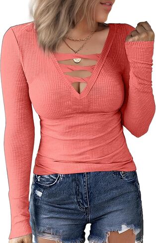 Buauty المرأة الخامس الرقبة طويلة الأكمام المجهزة الحرارية تونك تي شيرت متقاطع مضلع قميص غير رسمي سليم بلوزة وردي أحمر in Kuwait