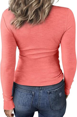 Buauty المرأة الخامس الرقبة طويلة الأكمام المجهزة الحرارية تونك تي شيرت متقاطع مضلع قميص غير رسمي سليم بلوزة وردي أحمر in Kuwait