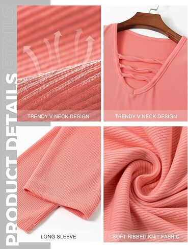 Buauty المرأة الخامس الرقبة طويلة الأكمام المجهزة الحرارية تونك تي شيرت متقاطع مضلع قميص غير رسمي سليم بلوزة وردي أحمر in Kuwait