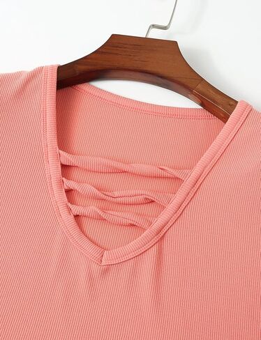 Buauty المرأة الخامس الرقبة طويلة الأكمام المجهزة الحرارية تونك تي شيرت متقاطع مضلع قميص غير رسمي سليم بلوزة وردي أحمر in Kuwait