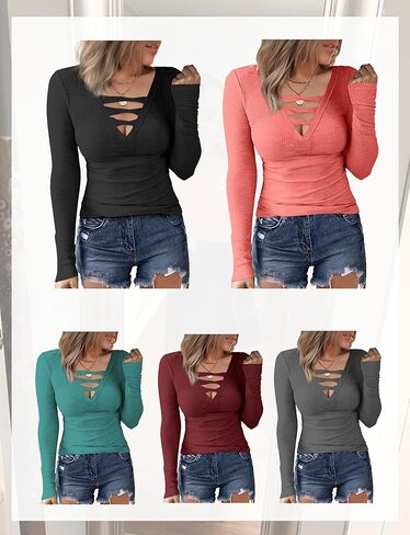 Buauty المرأة الخامس الرقبة طويلة الأكمام المجهزة الحرارية تونك تي شيرت متقاطع مضلع قميص غير رسمي سليم بلوزة وردي أحمر in Kuwait