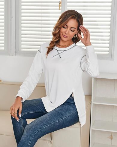 VOBCTY Women Long Sleeve Sweatshirts Crewneck Oversize Casual Shirts 2024 Fashion Side Split Tunics Fall Pullover Tops in Saudi Arabia