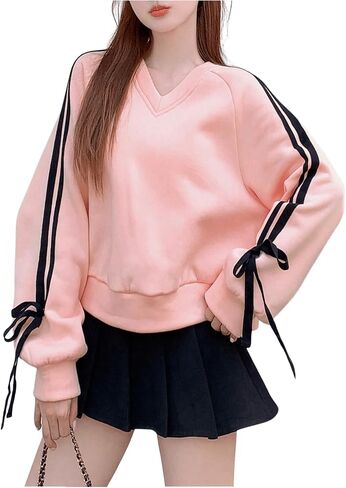 MakeMeChic Women's Bowknot Side V Neck Long Sleeve Sweatshirts Y2k Loose Pullovers in Saudi Arabia