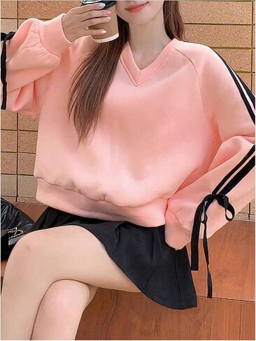 سويت شيرت نسائي من MakeMeChic بعقدة على شكل فيونكة وأكمام طويلة ورقبة على شكل حرف V وبلوفرات فضفاضة Y2k in Saudi Arabia