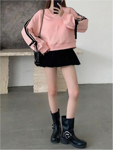 MakeMeChic Women's Bowknot Side V Neck Long Sleeve Sweatshirts Y2k Loose Pullovers in Saudi Arabia