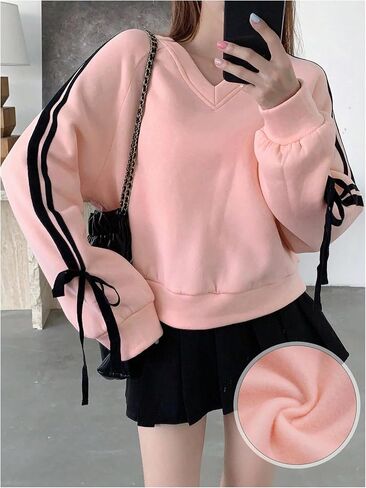 سويت شيرت نسائي من MakeMeChic بعقدة على شكل فيونكة وأكمام طويلة ورقبة على شكل حرف V وبلوفرات فضفاضة Y2k in Saudi Arabia