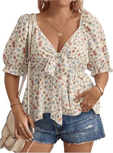 SOLY HUX Women's Plus Size Ditsy Floral Print Blouse Tie Front V Neck Short Sleeve Ruffle Hem Peplum Tops in Saudi Arabia