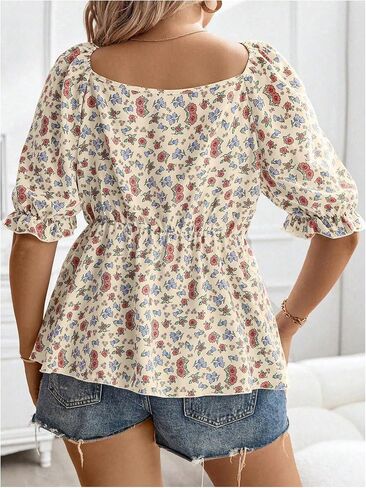 SOLY HUX Women's Plus Size Ditsy Floral Print Blouse Tie Front V Neck Short Sleeve Ruffle Hem Peplum Tops in Saudi Arabia