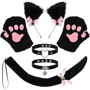 Cat Cosplay Costume Set, Cat Ears and Tail, Fox Ears and Tail，Faux Fur Fox Suit with Ears Headband Choker Tail and Paws Gloves, Cosplay Party Halloween Costume Accessories