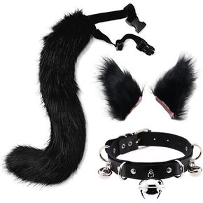 QinRuan Cosplay Costume 3-Pieces Set,Cat Ears and Leather Bell Collar Faux Fur Animal Tail