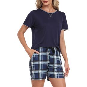 MoFiz Womens Pajamas Set Short Sleeve Round Neck Top and Shorts Sleepwear 2 Piece Pjs Lightweight Lounge Set