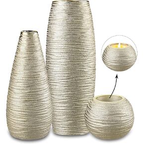 Gold Vases for Home Decor Tall Gold Vase for Centerpieces Ceramic Table Vases Set with Candle Holder Golden Vases for Flowers, Mantle, Dining Room, Living Room