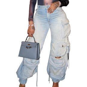 Sexyshine Women's High Waist Cargo Jeans Pants Y2K Baggy Loose Distressed Ripped Long Denim Pants with Multi Pockets