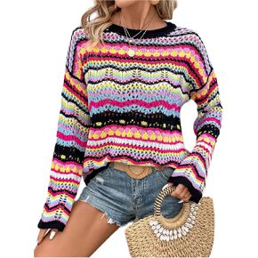 MakeMeChic Women's Striped Hollow Out Long Sleeve Crew Neck Knitted Crochet Sweater Pullover Tops