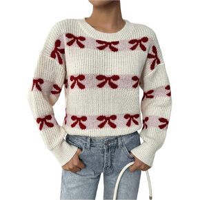 MakeMeChic Women's Bow Crew Neck Sweater Long Sleeve Drop Shoulder Knit Cute Pullover Top