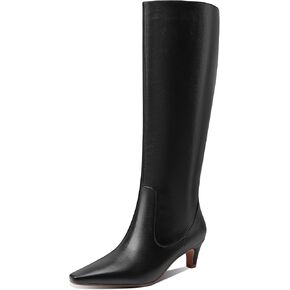 LEMUTISME Women's Fashion Square Toe Matte Leather Solid Color Wide Calf Comfortable Slip On Low Kitten Heel Dress Knee High Boots Black Size 10